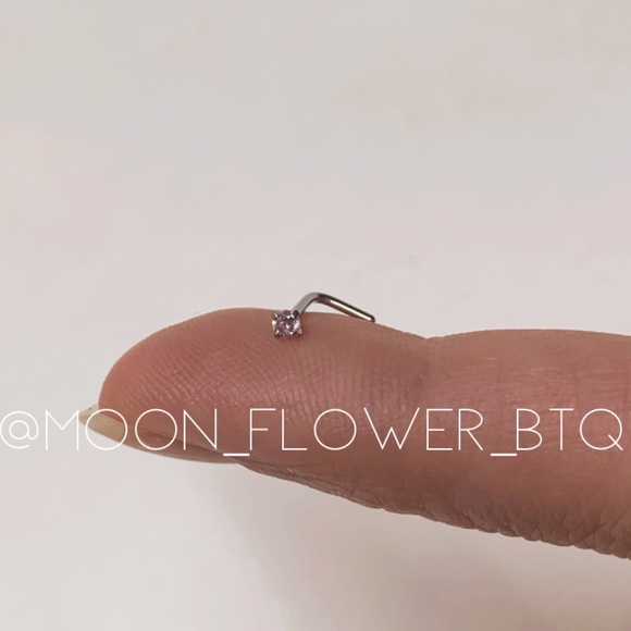 Tiny Pink CZ L Shaped Nose Ring - Picture 2 of 5